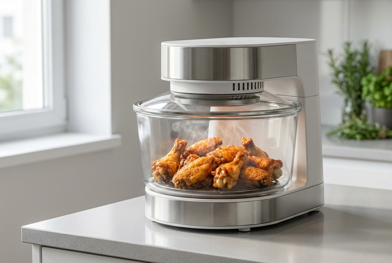 Freidora de aire moderna con cesta de cristal transparente cocinando alitas de pollo crujientes en una cocina luminosa